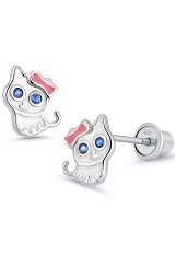 dazzling silver enamel cat screw back baby earrings